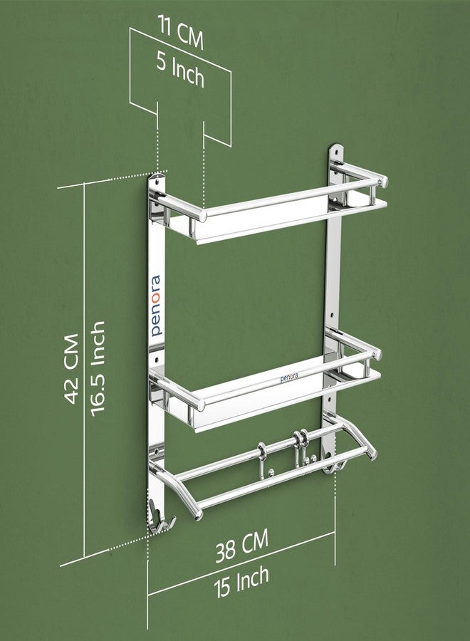 Penora 3 Tier Stainless Steel Bathroom Organizer to Organize Bath Accessories with Towel Rod for Bathroom & Clothes Hanger Hook | Multi Purpose Kitchen, Washroom & Over The Toilet Storage (Pack of 1) - Image 2
